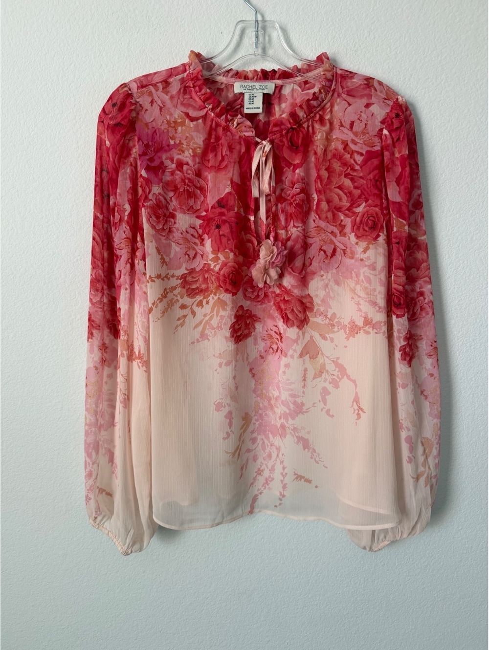 Rachel Zoe Long Sleeve Ruffled Tie Neck Floral Semi-Sheer Blouse Women's Size M